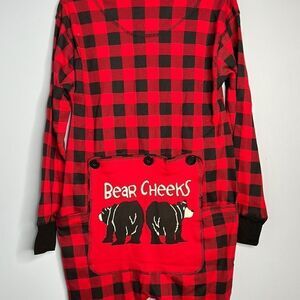Lazy One Red Black Buffalo Plaid Adult Small onesie Flap Jack Bear Cheeks